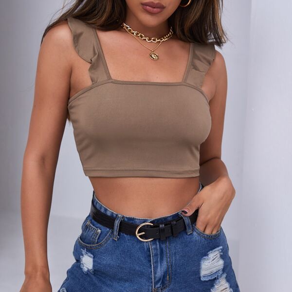 

Solid Ruffle-straps Crop Top, Mocha brown