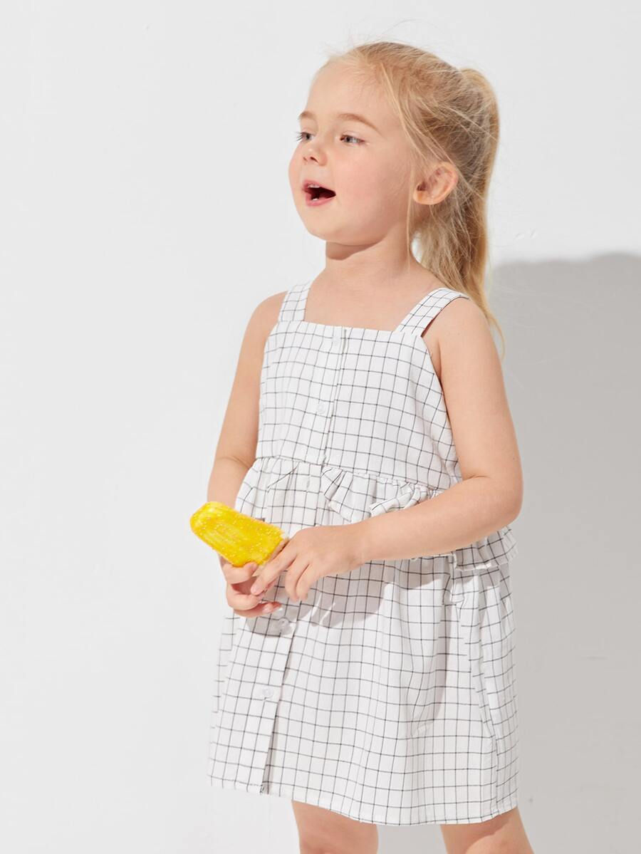 SHEIN Toddler Girls Grid Print Ruffle Detail Button Front Dress - White - View 1