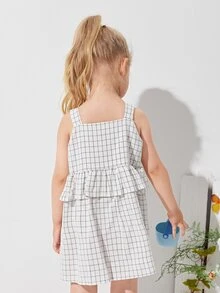 SHEIN Toddler Girls Grid Print Ruffle Detail Button Front Dress - White - View 2