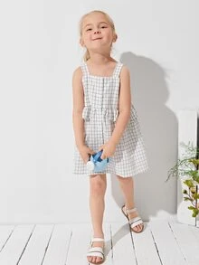 SHEIN Toddler Girls Grid Print Ruffle Detail Button Front Dress - White - View 3