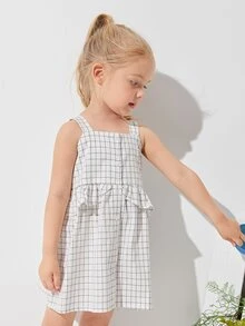 SHEIN Toddler Girls Grid Print Ruffle Detail Button Front Dress - White - View 4