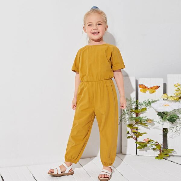

Toddler Girls Cuffed Sleeve Pocket Patched Jumpsuit, Mustard yellow