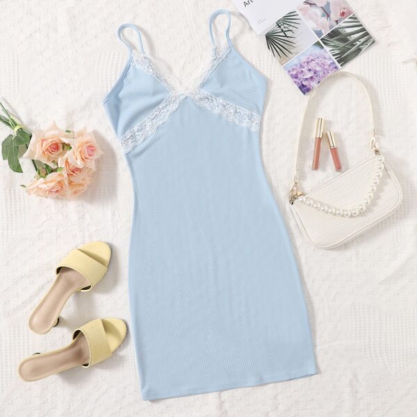 

Lace Trim Cami Bodycon Dress, Baby blue