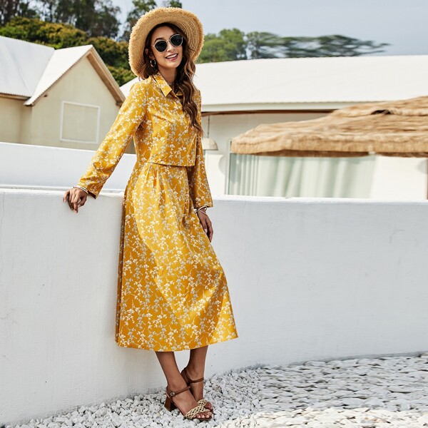 

Floral Print Button Through Blouse & Skirt, Yellow