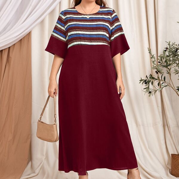 

Plus Striped Geo Print Dress, Burgundy