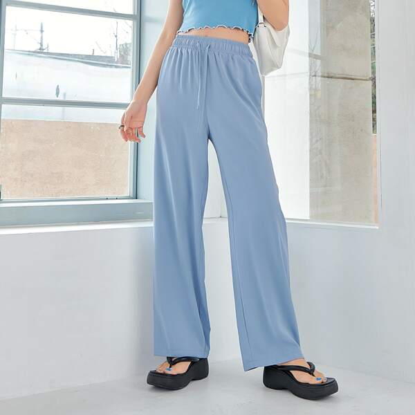 

Solid Drawstring Waist Wide Leg Pants, Dusty blue