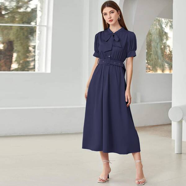 

Tie Neck Belted Shirt Dress, Navy blue