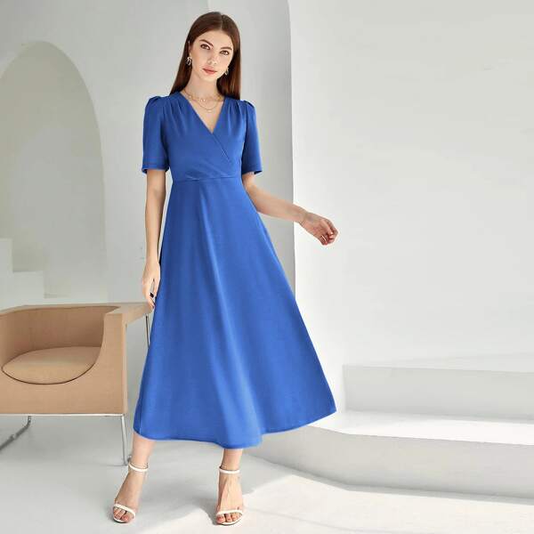 

Solid Surplice Front A-Line Dress, Blue