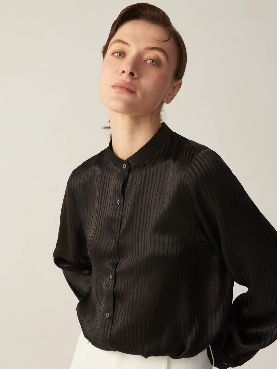 MOTF PREMIUM SILK STRIPED FABRIC TAILORED BLOUSE - Black - View 1