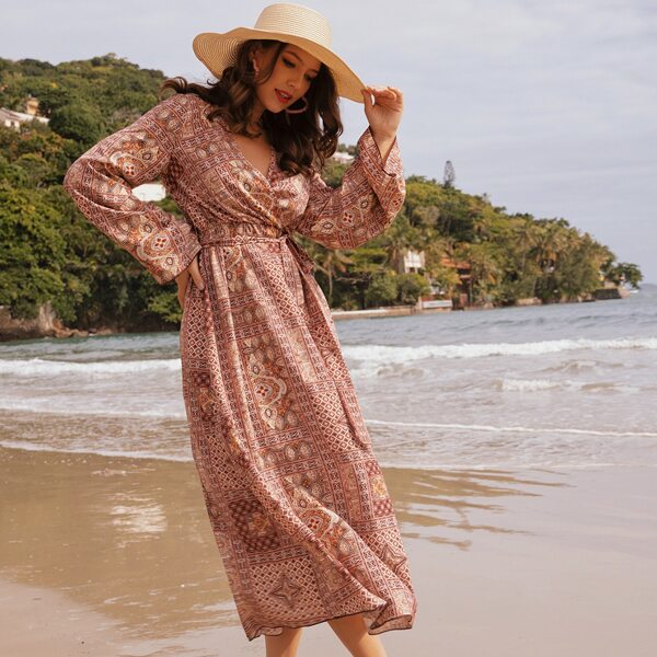 

Geo Print Wrap Belted A-line Dress, Multicolor