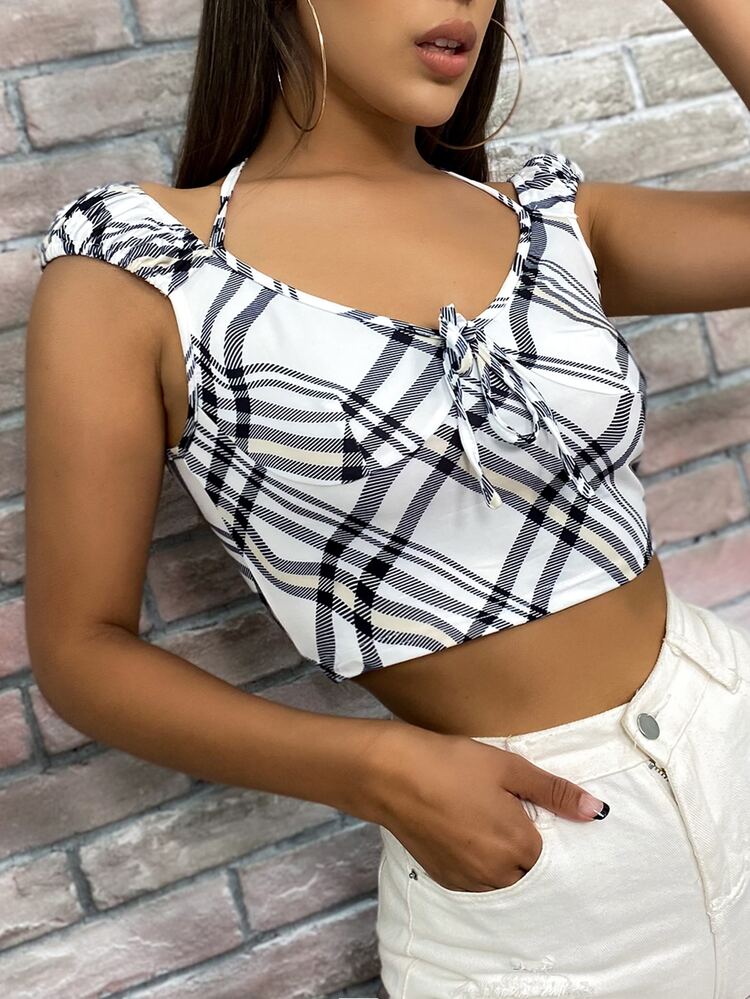 Tie Back Knot Front Plaid Crop Top