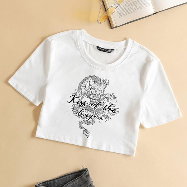 

Chinese Dragon & Letter Graphic Crop Tee, White
