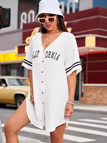 SHEIN EZwear V領字母和條紋洋裝 - 白色 - 查看 1