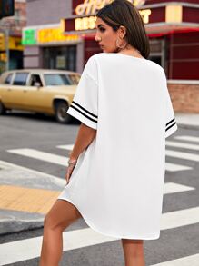 SHEIN EZwear V領字母和條紋洋裝 - 白色 - 查看 2