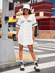 SHEIN EZwear V領字母和條紋洋裝 - 白色 - 查看 3