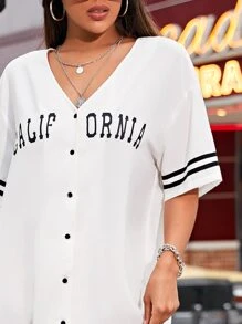 SHEIN EZwear V領字母和條紋洋裝 - 白色 - 查看 4