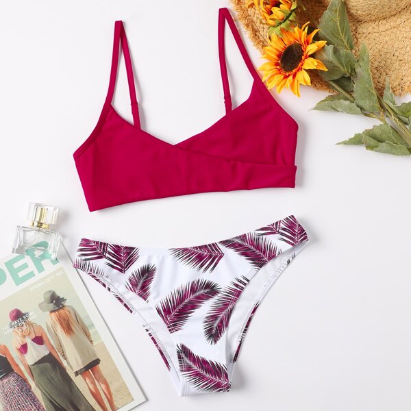 

Palm Leaf Print Surplice Neck Bikini Swimsuit, Red