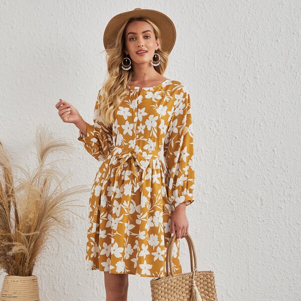 

Allover Floral Belted A-line Dress, Multicolor