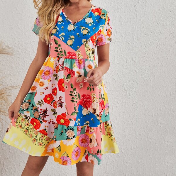 

Floral Print Ruffle Hem Smock Dress, Multicolor
