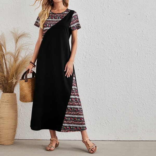 

Ditsy Floral Panel Tee Dress, Black