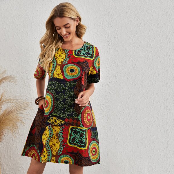 

Graphic Print Hidden Pocket Tunic Dress, Multicolor