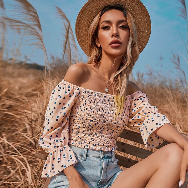 

Polka Dot Print Shirred Off The Shoulder Blouse, Baby pink