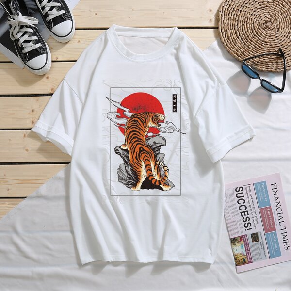 

Men Tiger Print Short Sleeve Tee, White