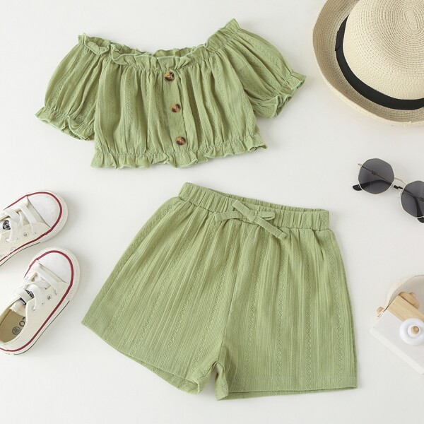 

Toddler Girls Ruffle Trim Blouse & Shorts, Mint green