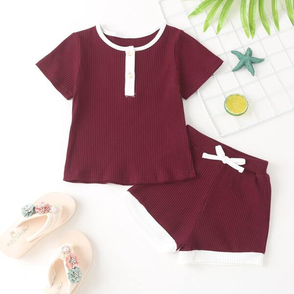 

Baby Girl Ribbed Half Button Tee & Shorts, Burgundy