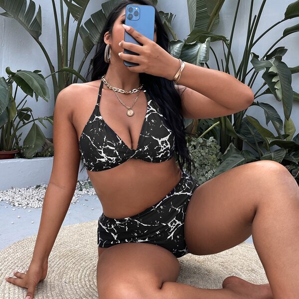 

Plus Marble Print Triangle Bikini Swimsuit, Black
