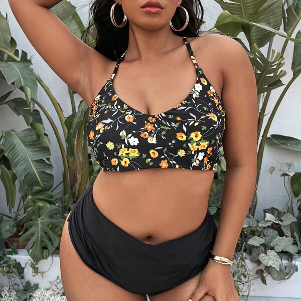 

Plus Floral Ruched High Waisted Bikini Swimsuit, Multicolor