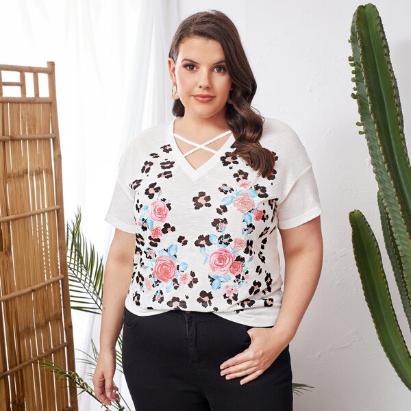 

Plus Crisscross Neck Leopard & Floral Print Tee, White