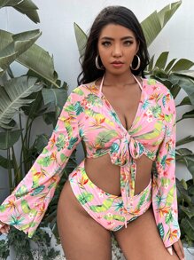 SHEIN VCAY Plus Size 3packs Tropical Halter Bikini Set & Kimono Summer Beach - Multicolor - View 3