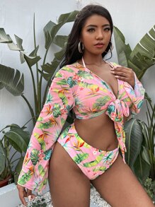 SHEIN VCAY Plus Size 3packs Tropical Halter Bikini Set & Kimono Summer Beach - Multicolor - View 4