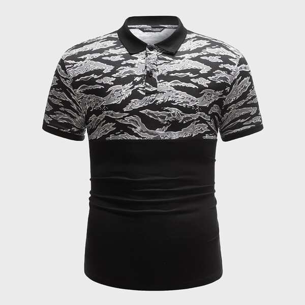 

Men Graphic Paneled Polo Shirt, Black