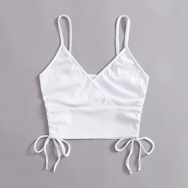 

Solid Drawstring Ribbed Crop Cami, White