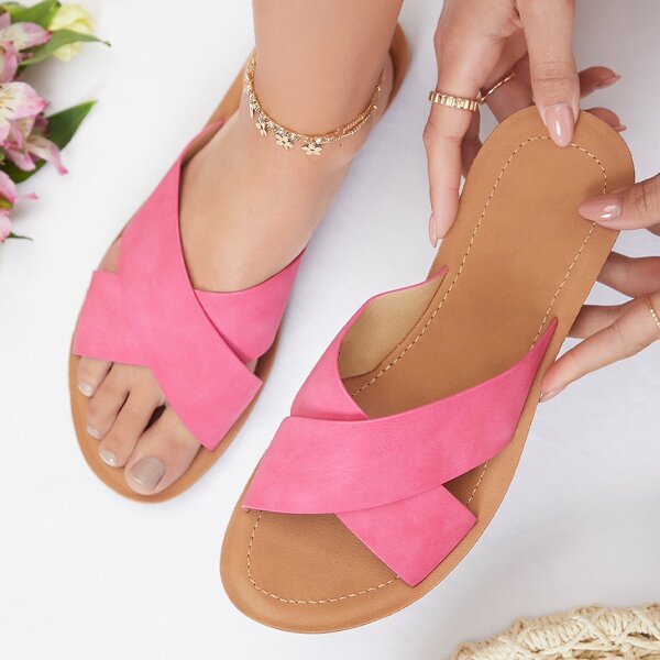 

Faux Patent Leather Crisscross Vamp Slides, Pink