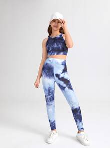 SHEIN Bộ hai mảnh Gái Cà vạt nhuộm Thể thao - Màu xanh lam - Xem 3