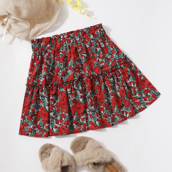 

Allover Floral Print Ruffle Hem Skirt, Multicolor