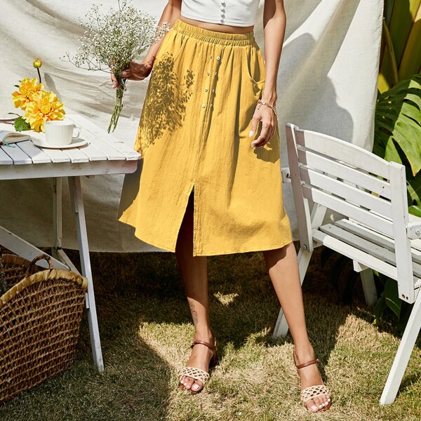 

Slant Pockets Midi Slit Skirt, Yellow