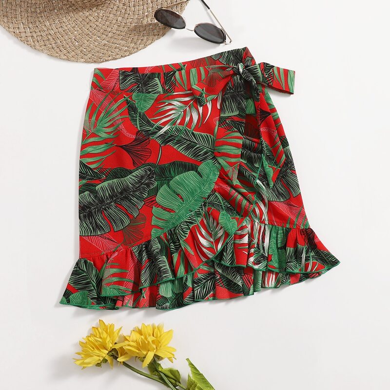 

Tropical Print Ruffle Hem Wrap Skirt, Multicolor