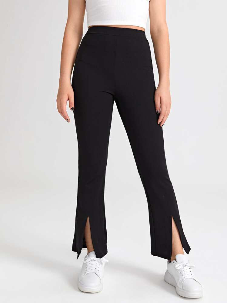 SHEIN Pantalones Sólidos Con Dobladillo Dividido Para Adolescentes Niñas - Negro - Añade 1