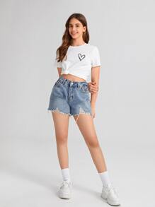 SHEIN Tops con gái Tim Giải trí - trắng - Xem 3