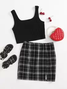 SHEIN Teen Girls Rib-knit Tank Top & Split Hem Plaid Skirt Set - Black - View 1