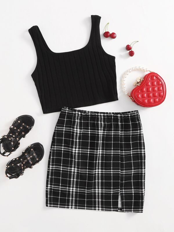 SHEIN Teen Girls Rib-knit Tank Top & Split Hem Plaid Skirt Set