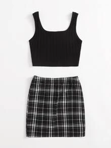 SHEIN Teen Girls Rib-knit Tank Top & Split Hem Plaid Skirt Set - Black - View 2