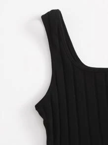 SHEIN Teen Girls Rib-knit Tank Top & Split Hem Plaid Skirt Set - Black - View 3