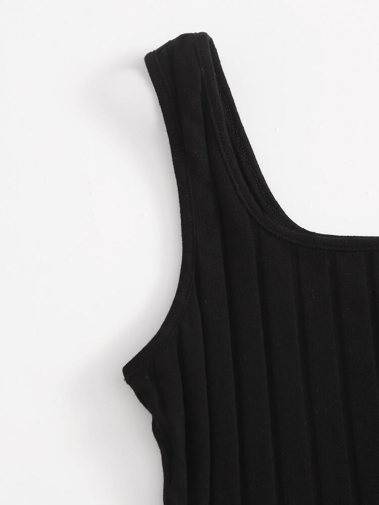 SHEIN 青少年羅紋針織背心上衣和開衩格紋半身裙套裝 - 黑色 - 查看 3