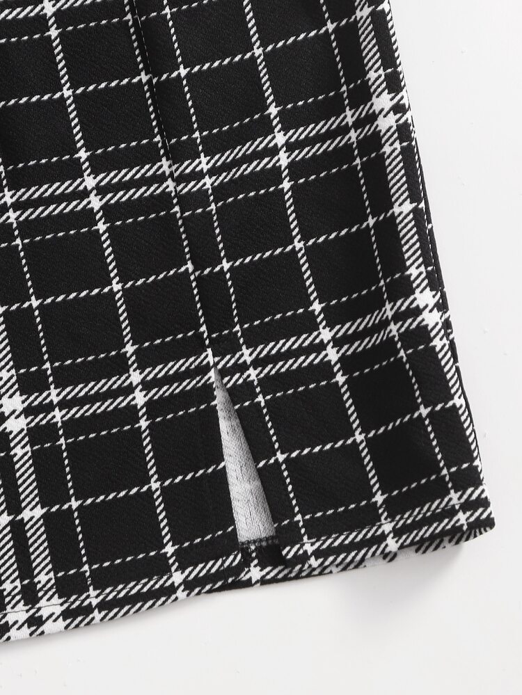 SHEIN 青少年羅紋針織背心上衣和開衩格紋半身裙套裝 - 黑色 - 查看 4