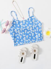 SHEIN 青少年女孩小褶邊小雛菊花卉吊帶上衣